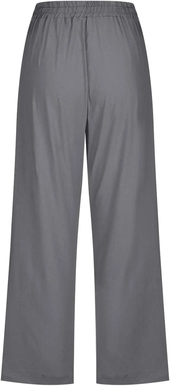 Cotton Linen Capri Pants for Women 2025 Casual Summer Drawstring Elastic Waist Wide Leg Cropped Trousers with Pockets