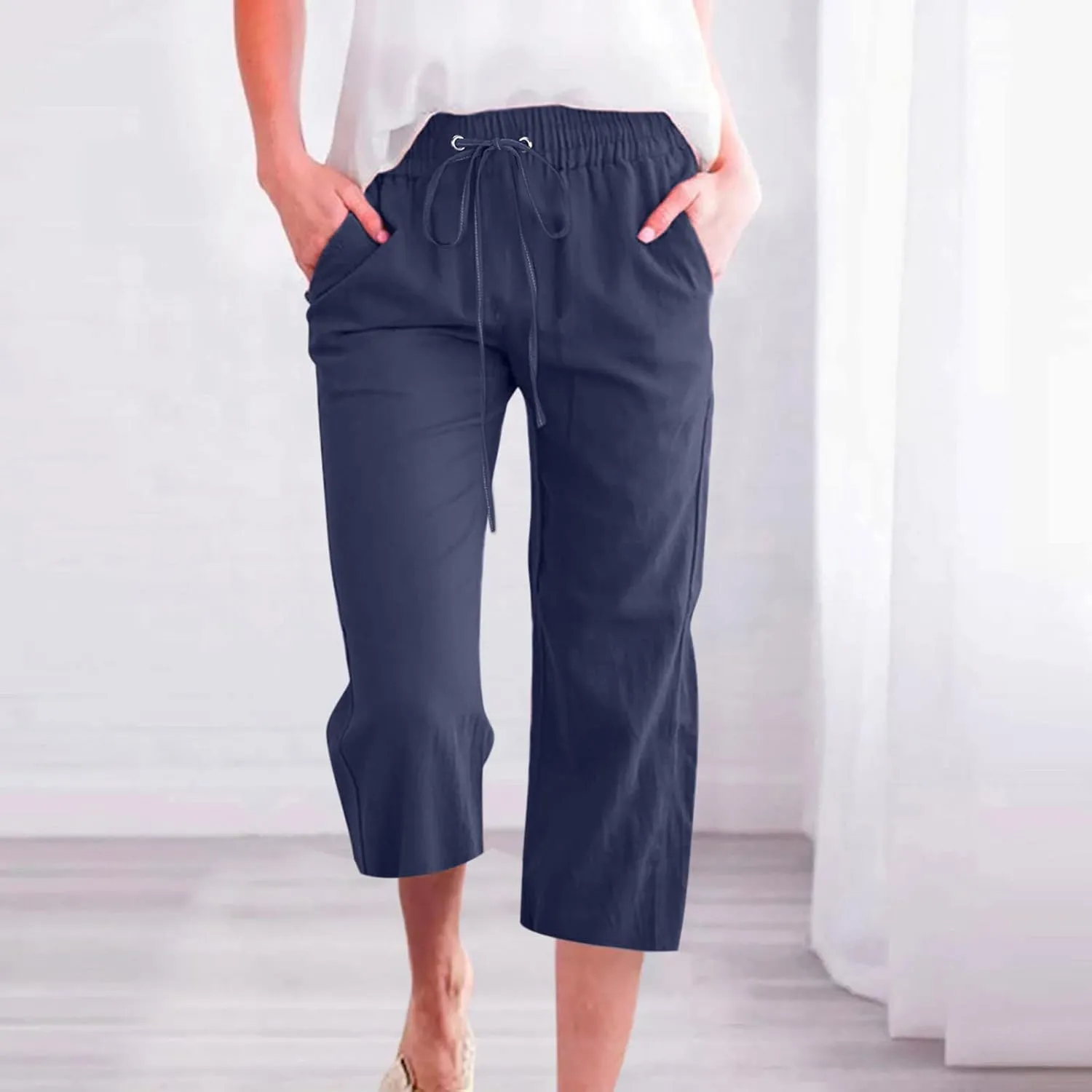Cotton Linen Capri Pants for Women 2025 Casual Summer Drawstring Elastic Waist Wide Leg Cropped Trousers with Pockets
