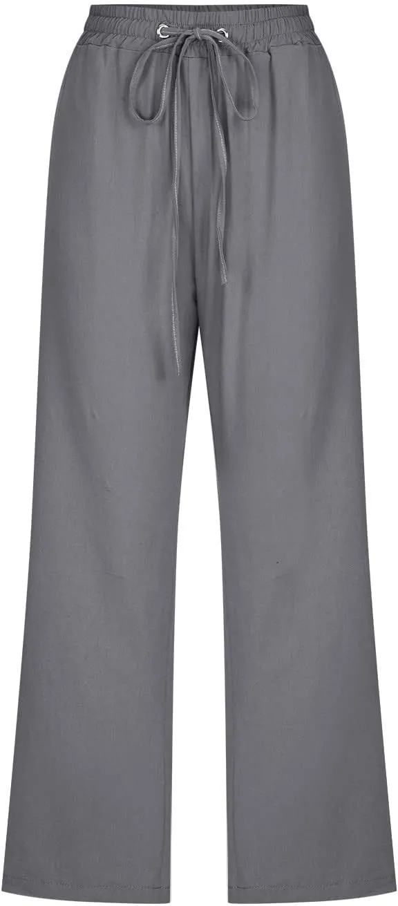 Cotton Linen Capri Pants for Women 2025 Casual Summer Drawstring Elastic Waist Wide Leg Cropped Trousers with Pockets
