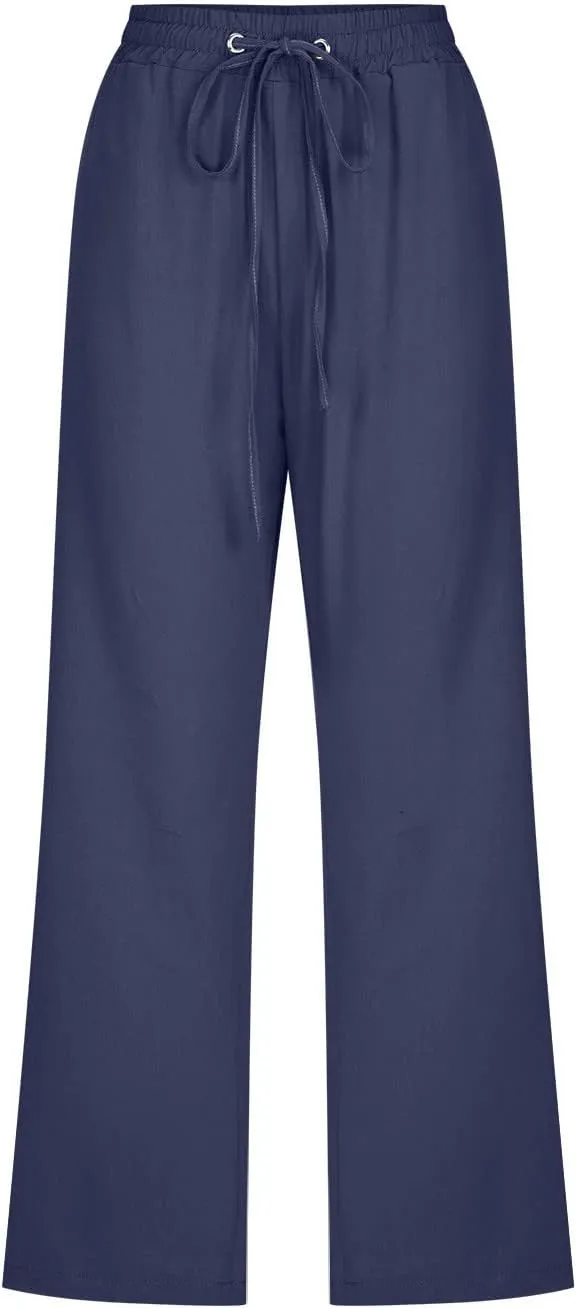 Cotton Linen Capri Pants for Women 2025 Casual Summer Drawstring Elastic Waist Wide Leg Cropped Trousers with Pockets