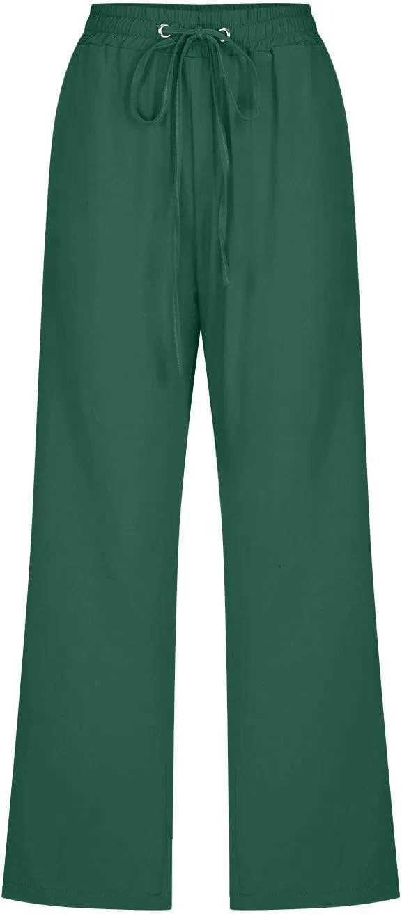 Cotton Linen Capri Pants for Women High Waist Cropped Pant Tie Knot Wide Leg Slacks Summer Beach Palazzo Trousers