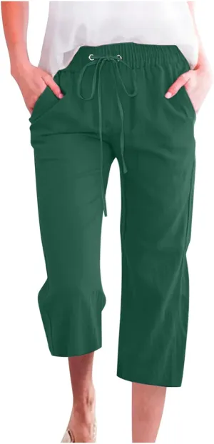 Cotton Linen Capri Pants for Women High Waist Cropped Pant Tie Knot Wide Leg Slacks Summer Beach Palazzo Trousers