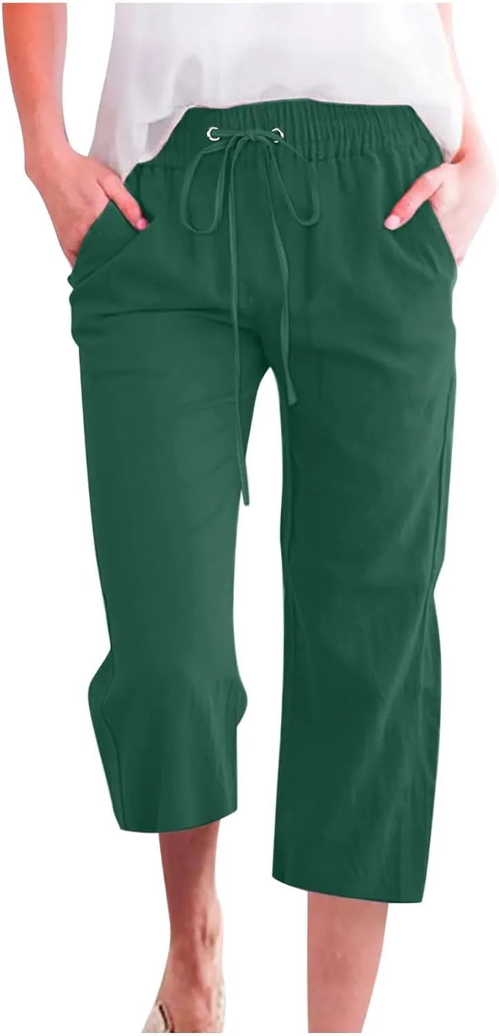 Cotton Linen Capri Pants for Women High Waist Cropped Pant Tie Knot Wide Leg Slacks Summer Beach Palazzo Trousers