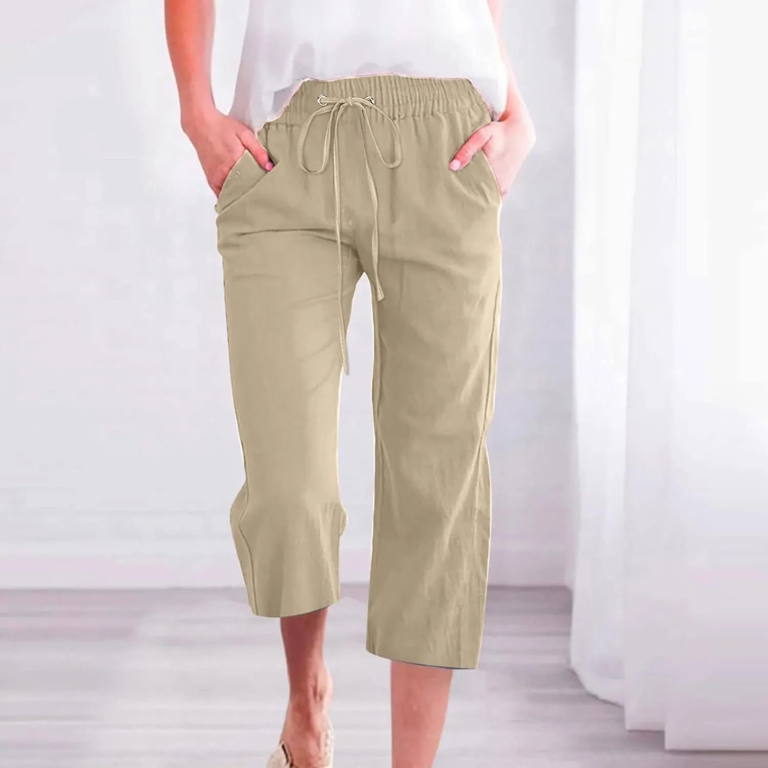 Cotton Linen Capri Pants for Women High Waist Cropped Pant Tie Knot Wide Leg Slacks Summer Beach Palazzo Trousers