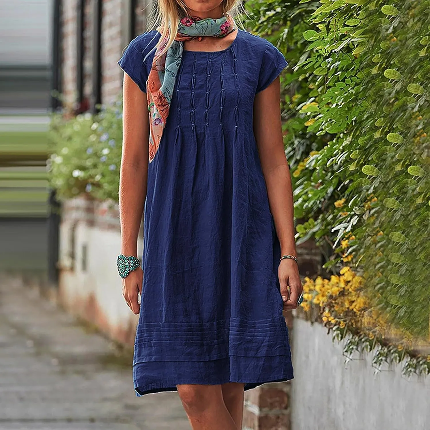 Cotton Linen Dress Women Pleated Summer Plus Size Dresses Casual Mini Dress Short Sleeve Beach Vacation Sundress