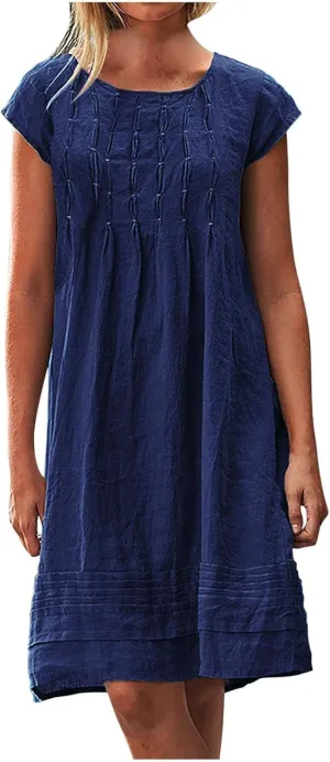 Cotton Linen Dress Women Pleated Summer Plus Size Dresses Casual Mini Dress Short Sleeve Beach Vacation Sundress