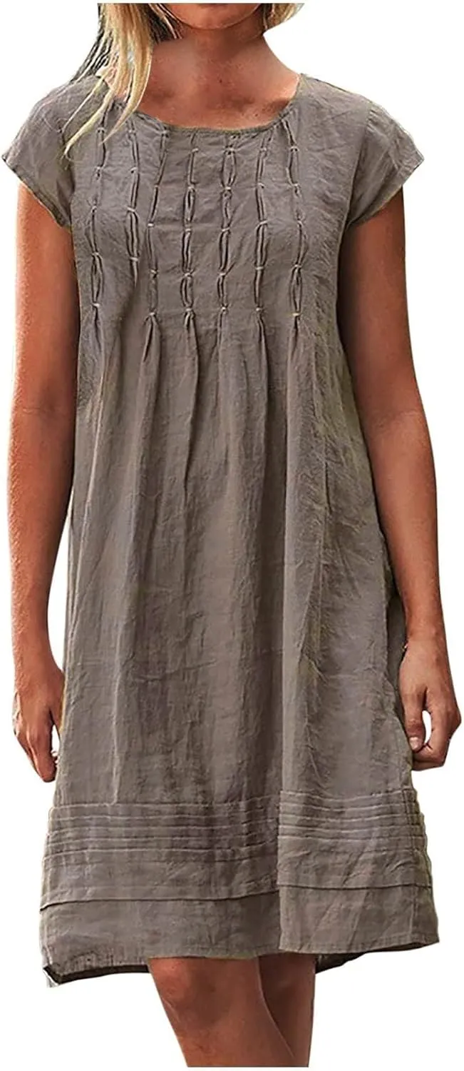 Cotton Linen Dress Women Pleated Summer Plus Size Dresses Casual Mini Dress Short Sleeve Beach Vacation Sundress