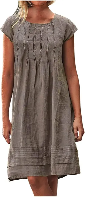 Cotton Linen Dress Women Pleated Summer Plus Size Dresses Casual Mini Dress Short Sleeve Beach Vacation Sundress