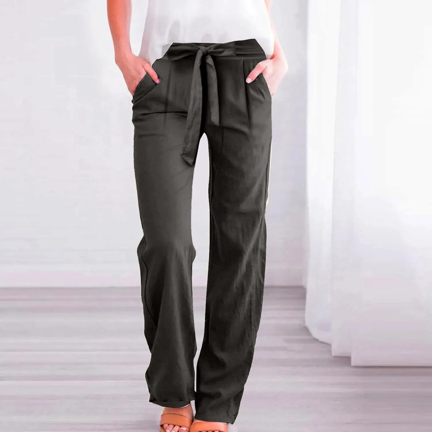 Cotton Linen Pants for Women Plus Size Business Casual Dress Pants Summer Tie Knot Wide Leg Pant Work Pants
