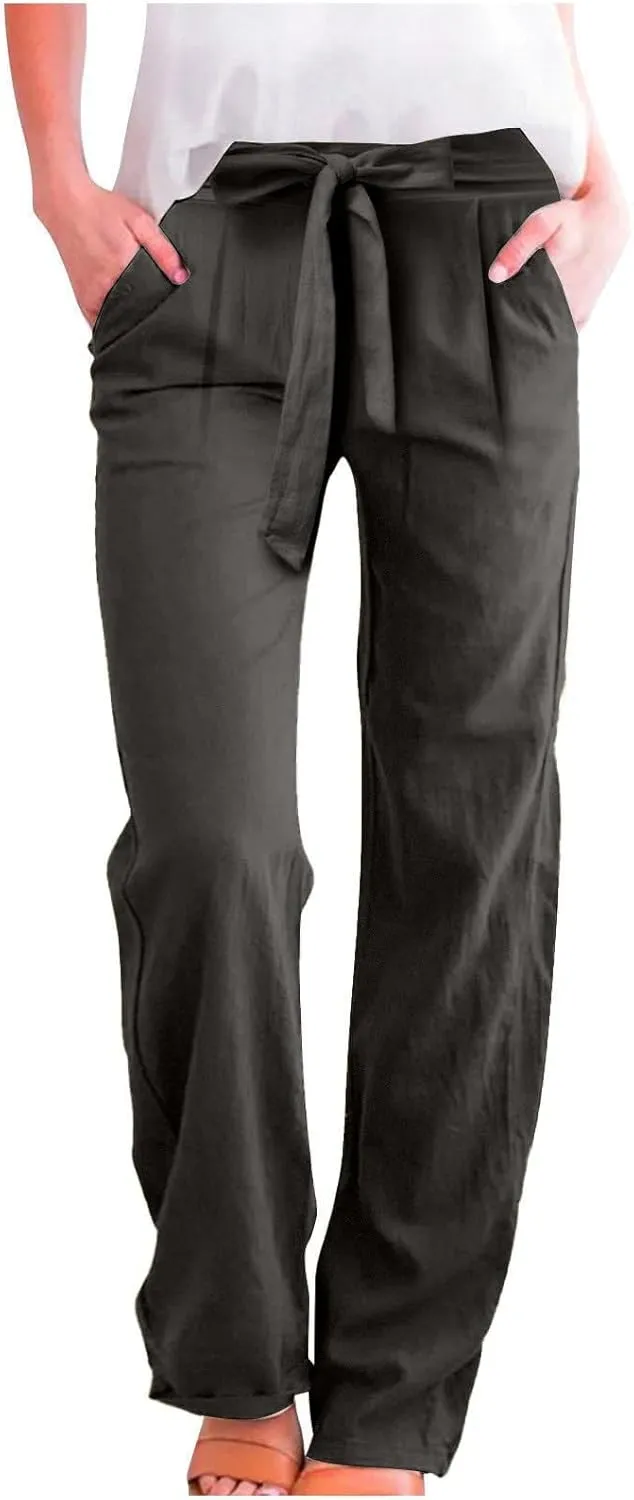 Cotton Linen Pants for Women Plus Size Business Casual Dress Pants Summer Tie Knot Wide Leg Pant Work Pants