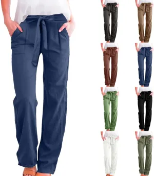 Cotton Linen Pants for Women Plus Size Business Casual Dress Pants Summer Tie Knot Wide Leg Pant Work Pants