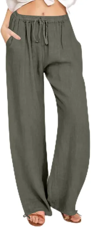 Cotton Linen Pants Women Summer Drawstring High Waisted Palazzo Casual Pants Straight Leg Beach Lightweight Lounge