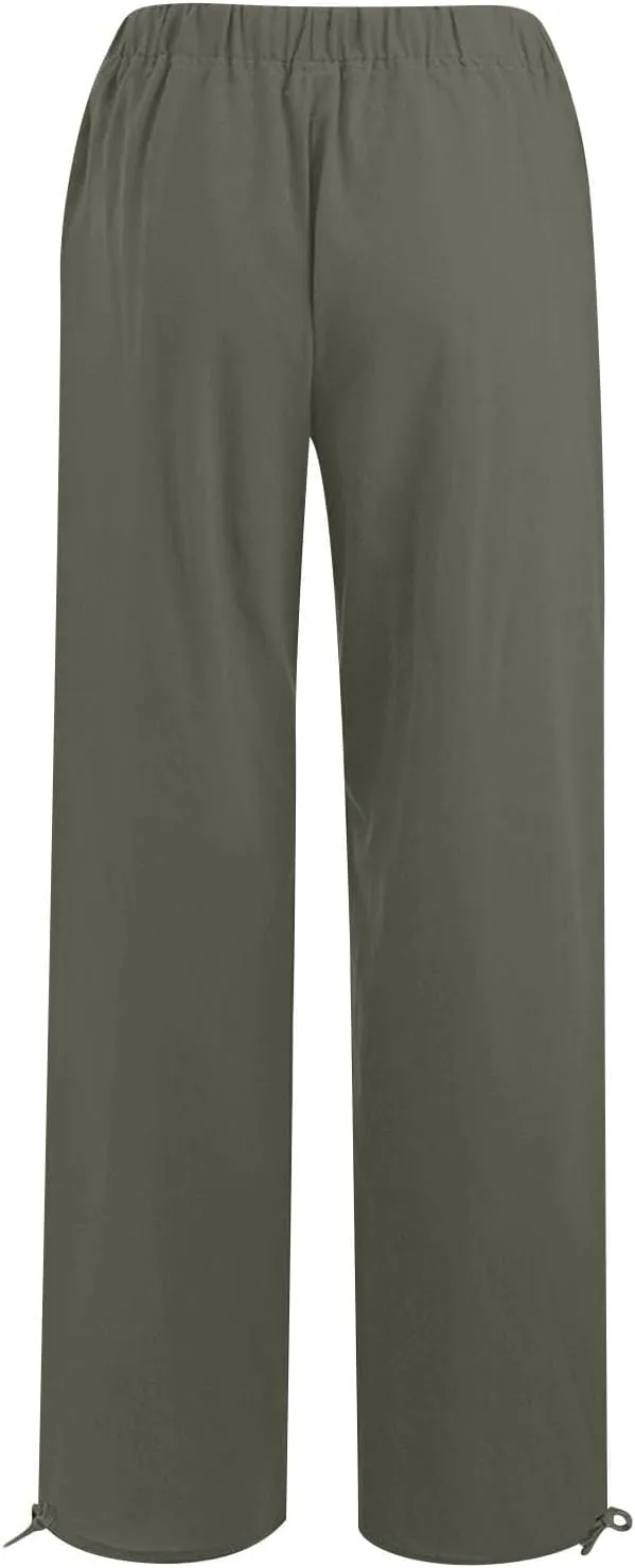 Cotton Linen Pants Women Summer Drawstring High Waisted Palazzo Casual Pants Straight Leg Beach Lightweight Lounge