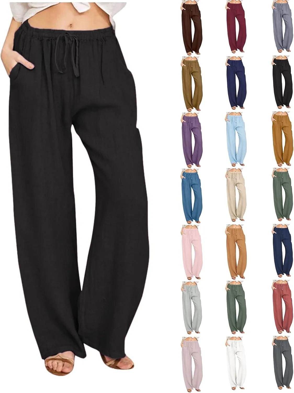 Cotton Linen Pants Women Summer Lightweight Boho Flowy Wide Leg Pants Casual Beach Drawstring Waist Palazzo Pants