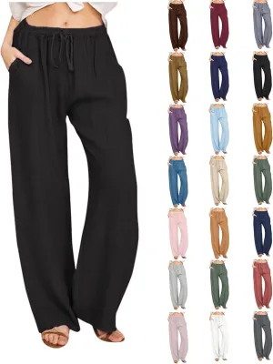 Cotton Linen Pants Women Summer Lightweight Boho Flowy Wide Leg Pants Casual Beach Drawstring Waist Palazzo Pants