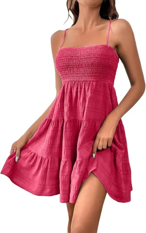 CRNTCEM Women's 2024 Summer Swing Mini Dress Smocked Backless Flowy A Line Sundress Sleeveless Party Swing Mini Dress