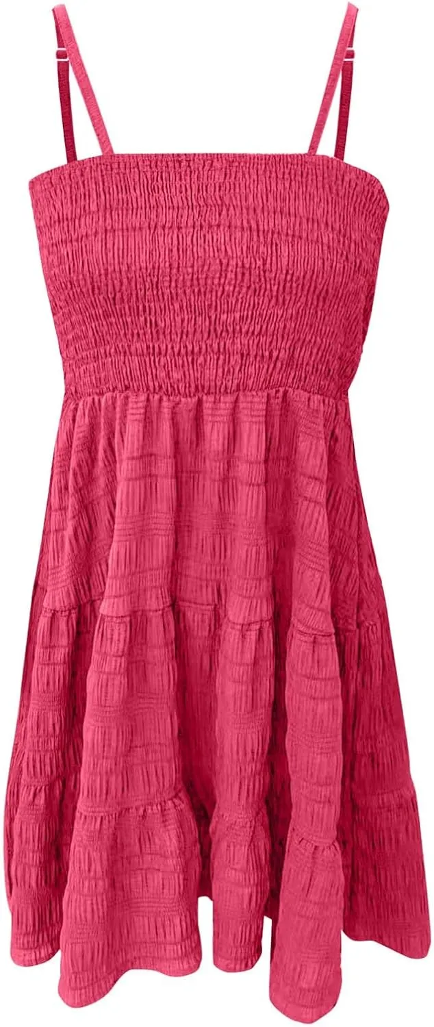 CRNTCEM Women's 2024 Summer Swing Mini Dress Smocked Backless Flowy A Line Sundress Sleeveless Party Swing Mini Dress