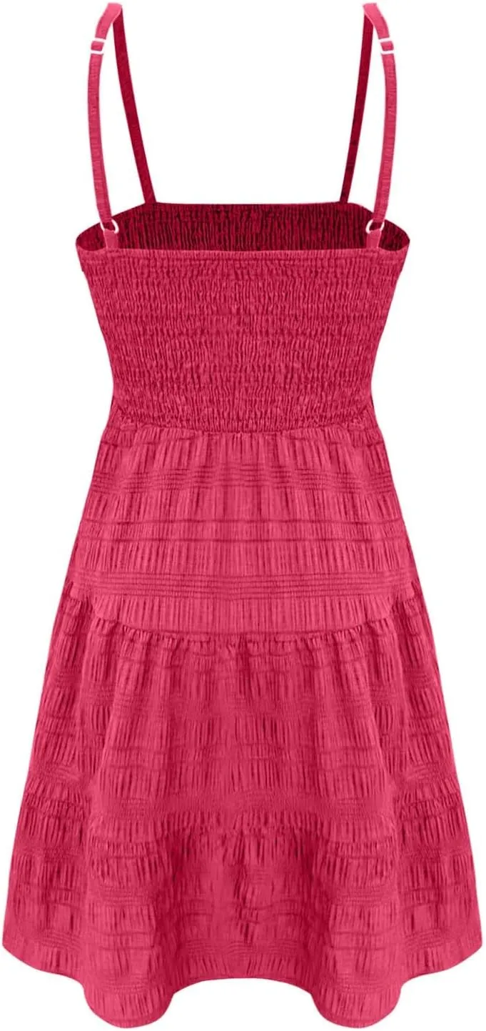 CRNTCEM Women's 2024 Summer Swing Mini Dress Smocked Backless Flowy A Line Sundress Sleeveless Party Swing Mini Dress