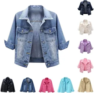 Cropped Denim Jacket for Women Long Sleeve Button Down Distressed Jean Jackets Vintage Western Shacket Jacket Pockets