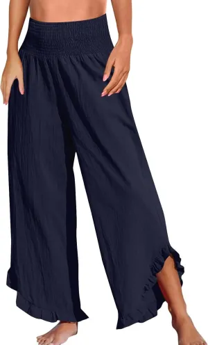 Cropped Linen Wide Leg Pants Woman Flowy High Waisted Palazzo Beach Pants Ladies Summer Trousers with Pockets