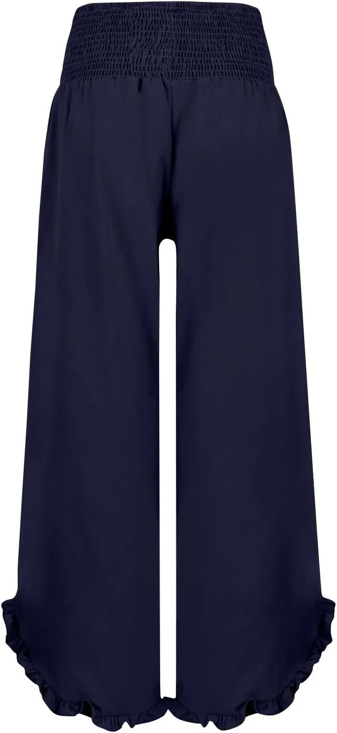 Cropped Linen Wide Leg Pants Woman Flowy High Waisted Palazzo Beach Pants Ladies Summer Trousers with Pockets