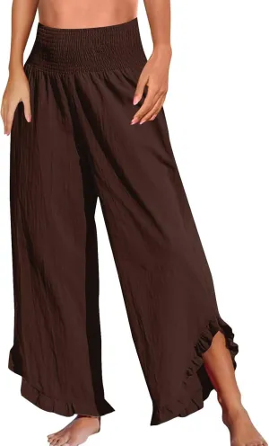 Cropped Linen Wide Leg Pants Woman Flowy High Waisted Palazzo Beach Pants Ladies Summer Trousers with Pockets