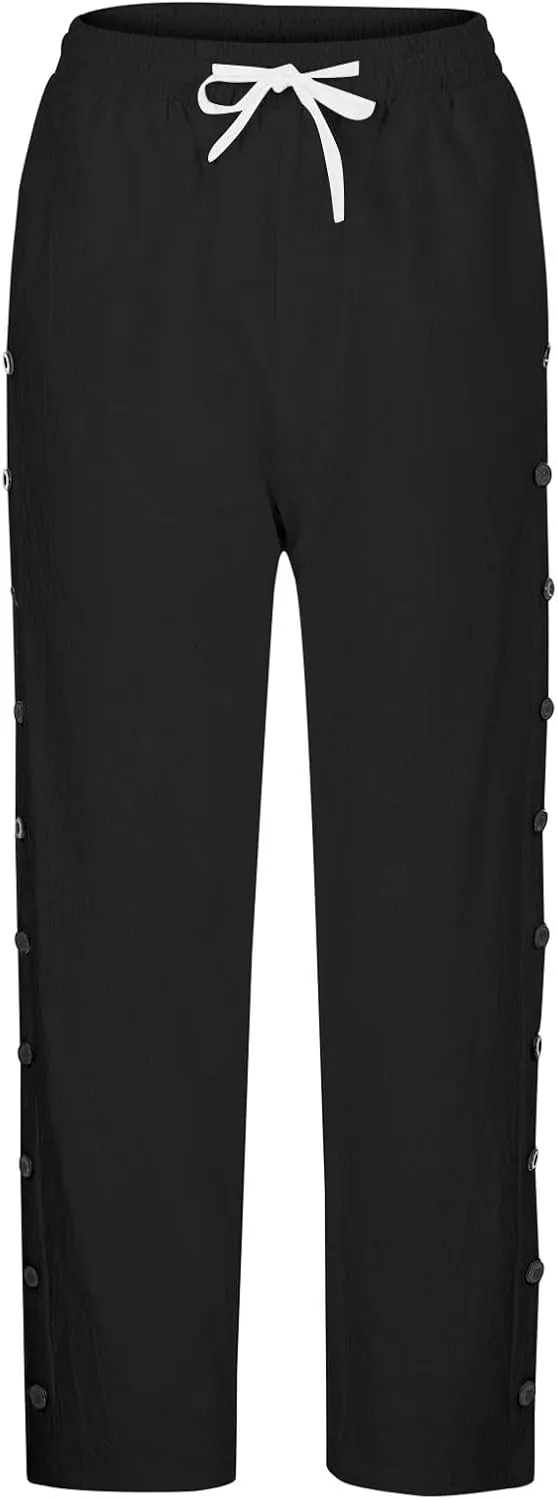 Cropped Pants Women Beach Vacation 2025 Drawstring Pant with Pockets Button Decorations High Waist Harem Summer Solid Joggers