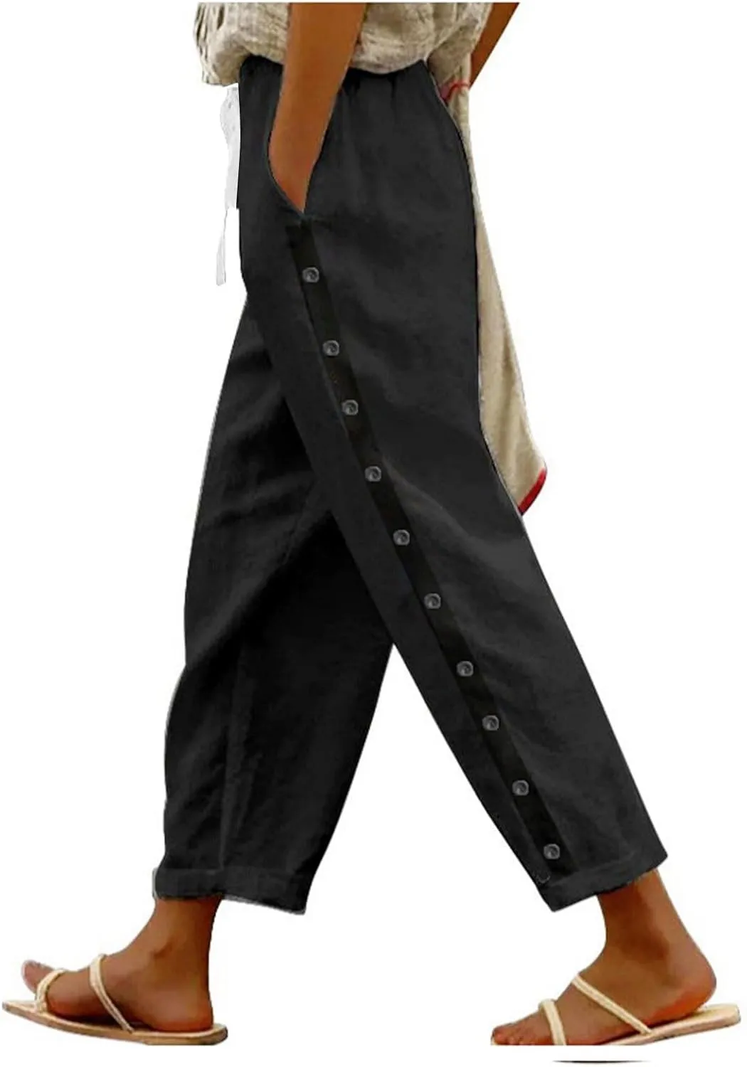 Cropped Pants Women Beach Vacation 2025 Drawstring Pant with Pockets Button Decorations High Waist Harem Summer Solid Joggers