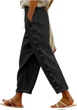 Cropped Pants Women Beach Vacation 2025 Drawstring Pant with Pockets Button Decorations High Waist Harem Summer Solid Joggers