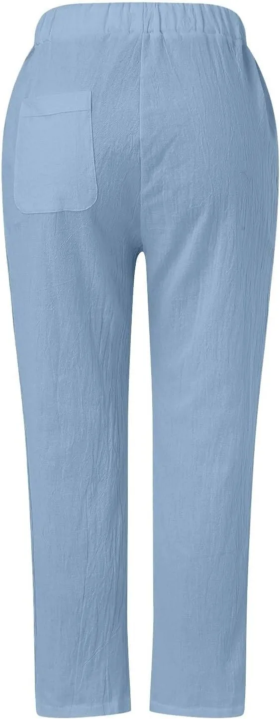 Cropped Pants Women Beach Vacation 2025 Drawstring Pant with Pockets Button Decorations High Waist Harem Summer Solid Joggers