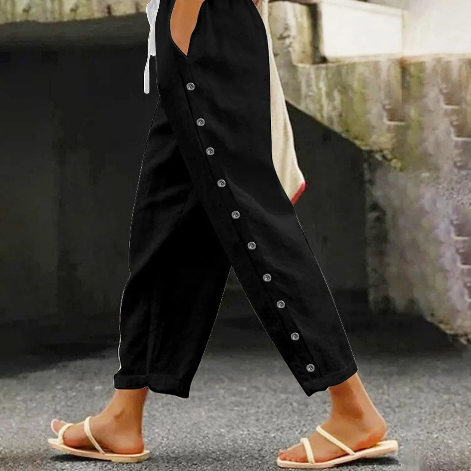 Cropped Pants Women Beach Vacation 2025 Drawstring Pant with Pockets Button Decorations High Waist Harem Summer Solid Joggers