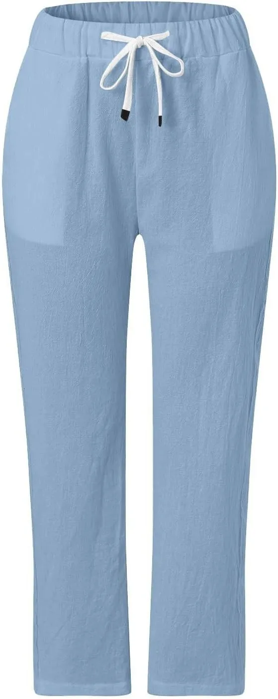 Cropped Pants Women Beach Vacation 2025 Drawstring Pant with Pockets Button Decorations High Waist Harem Summer Solid Joggers