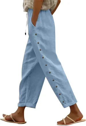 Cropped Pants Women Beach Vacation 2025 Drawstring Pant with Pockets Button Decorations High Waist Harem Summer Solid Joggers