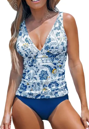 CUPSHE Women's Tankini Sets Two Piece Swimsuits Mid Rise V Neck Adjustable Straps Back Hook Cutout Cheeky
