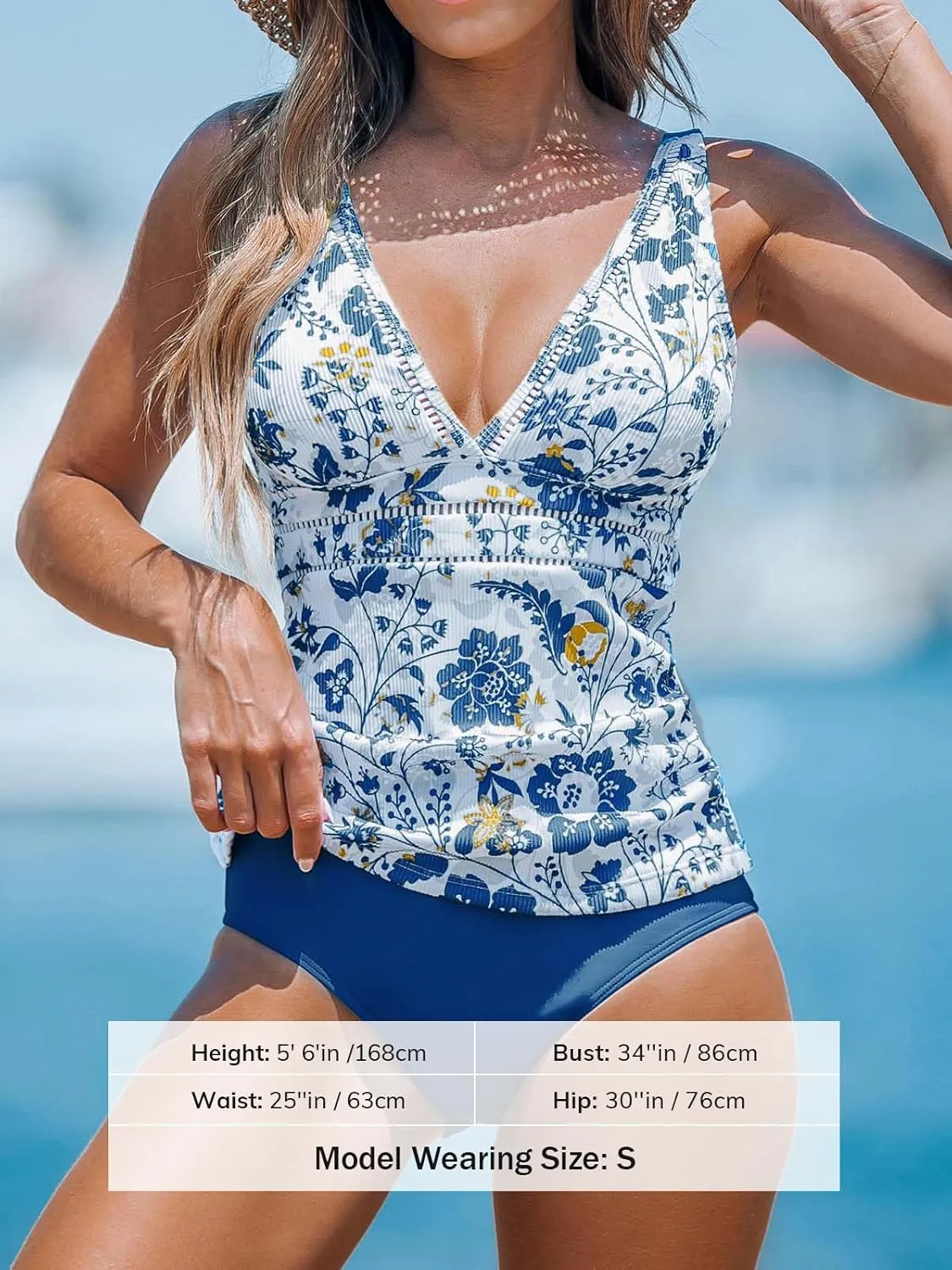 CUPSHE Women's Tankini Sets Two Piece Swimsuits Mid Rise V Neck Adjustable Straps Back Hook Cutout Cheeky