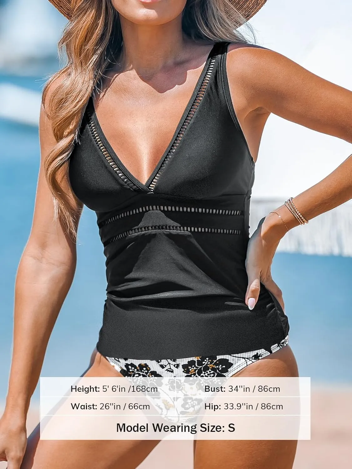 CUPSHE Women's Tankini Sets Two Piece Swimsuits Mid Rise V Neck Adjustable Straps Back Hook Cutout Cheeky