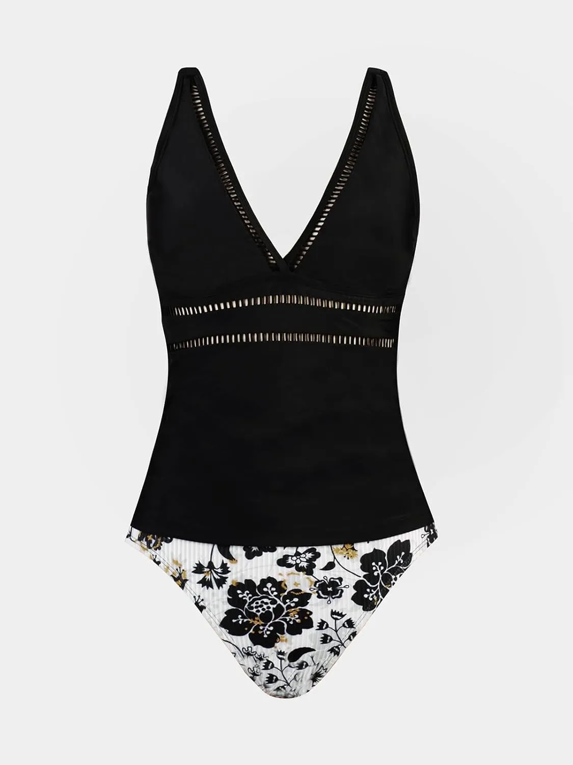 CUPSHE Women's Tankini Sets Two Piece Swimsuits Mid Rise V Neck Adjustable Straps Back Hook Cutout Cheeky