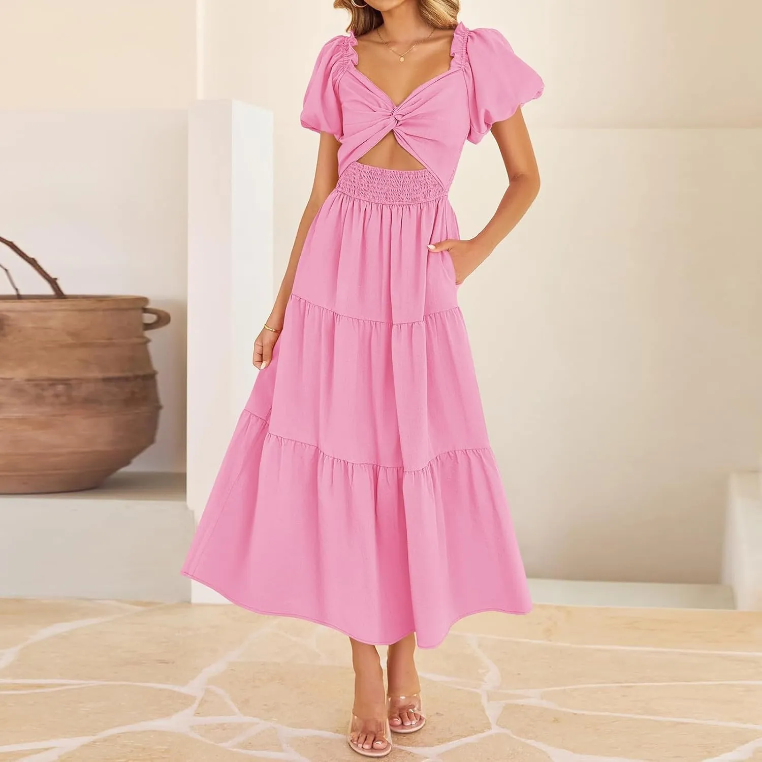 Cut Out Dress for Women 2025 Summer Boho Twist Knot Smocked Short Puff Sleeve Flowy A Line Vacation Beach Dress