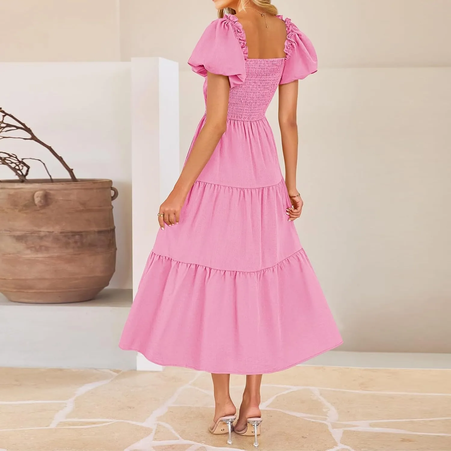 Cut Out Dress for Women 2025 Summer Boho Twist Knot Smocked Short Puff Sleeve Flowy A Line Vacation Beach Dress