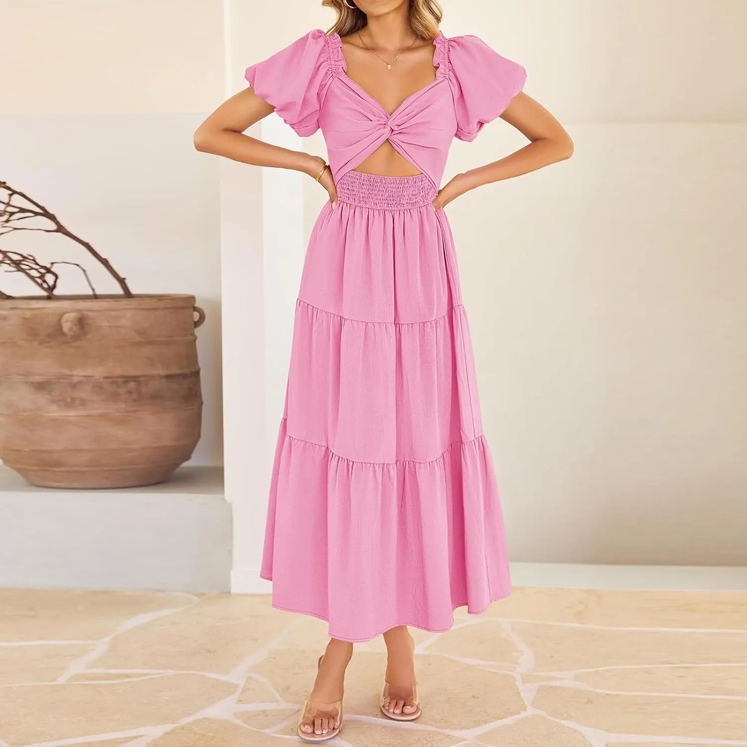 Cut Out Dress for Women 2025 Summer Boho Twist Knot Smocked Short Puff Sleeve Flowy A Line Vacation Beach Dress