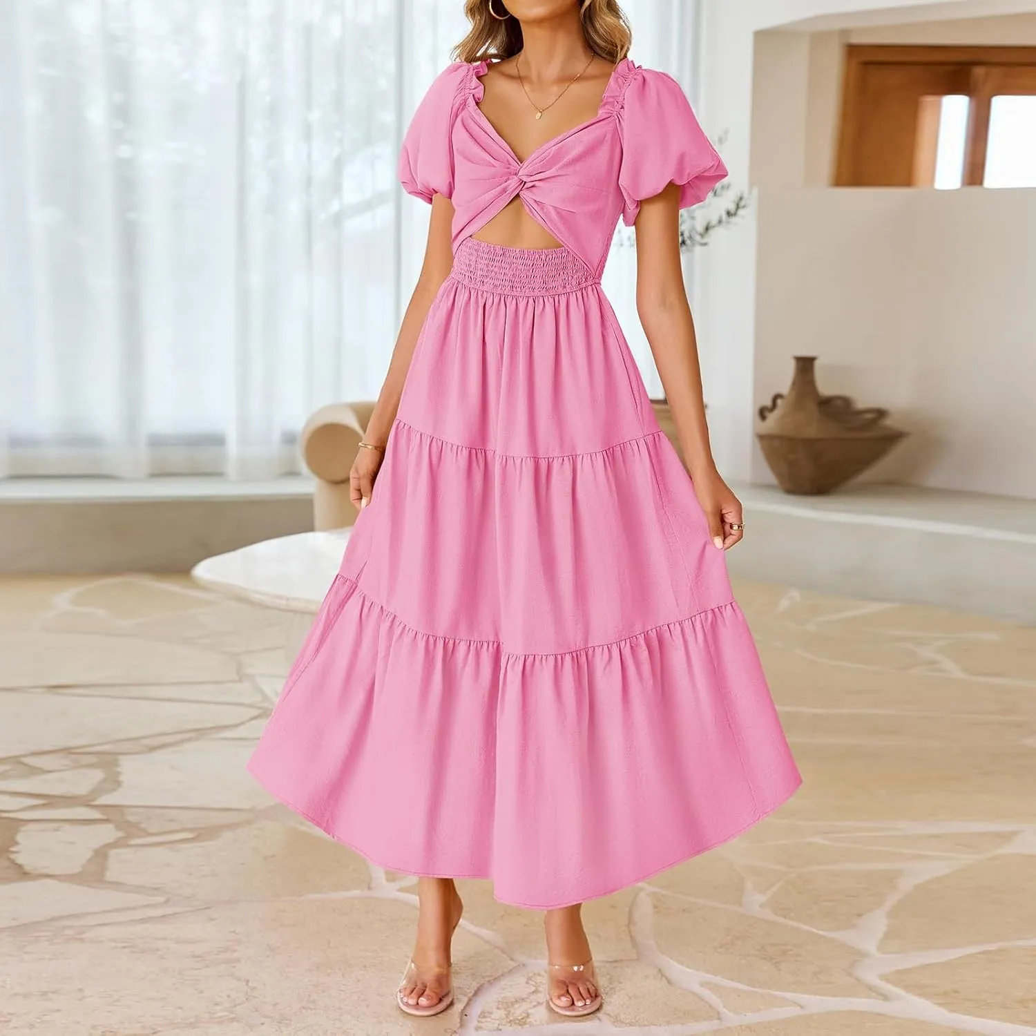 Cut Out Dress for Women 2025 Summer Boho Twist Knot Smocked Short Puff Sleeve Flowy A Line Vacation Beach Dress