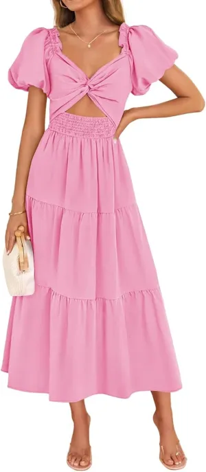 Cut Out Dress for Women 2025 Summer Boho Twist Knot Smocked Short Puff Sleeve Flowy A Line Vacation Beach Dress