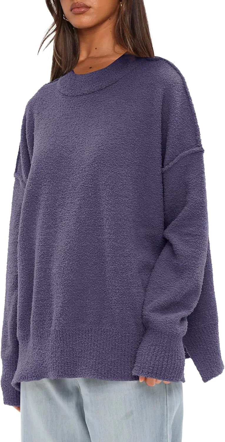 Darong Women Oversized Fuzzy Knit Sweater Long Sleeve Crew Neck Side Slit Pullover Sweaters Fall Winter Tops