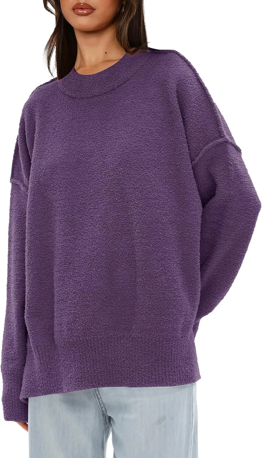 Darong Women Oversized Fuzzy Knit Sweater Long Sleeve Crew Neck Side Slit Pullover Sweaters Fall Winter Tops