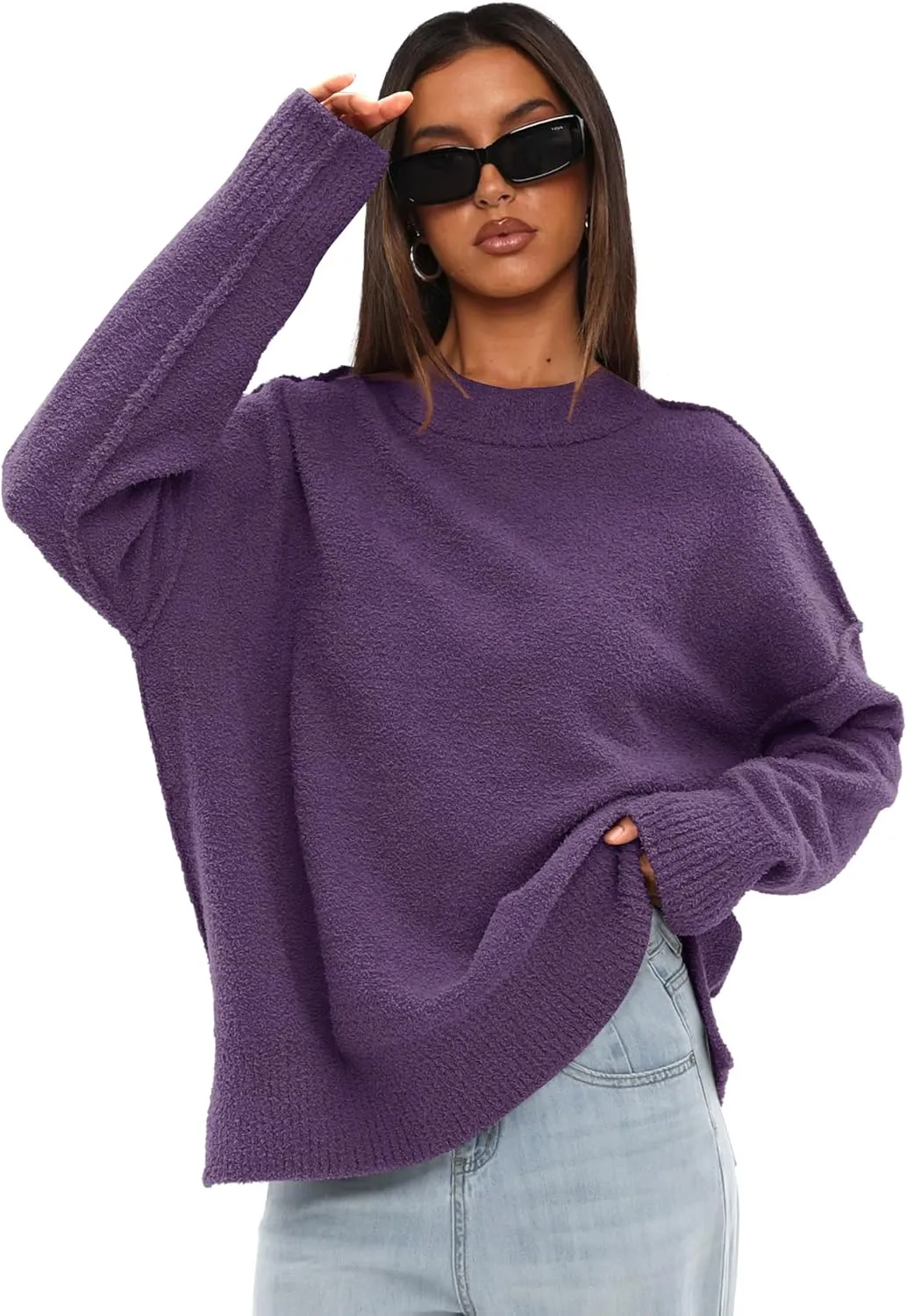 Darong Women Oversized Fuzzy Knit Sweater Long Sleeve Crew Neck Side Slit Pullover Sweaters Fall Winter Tops