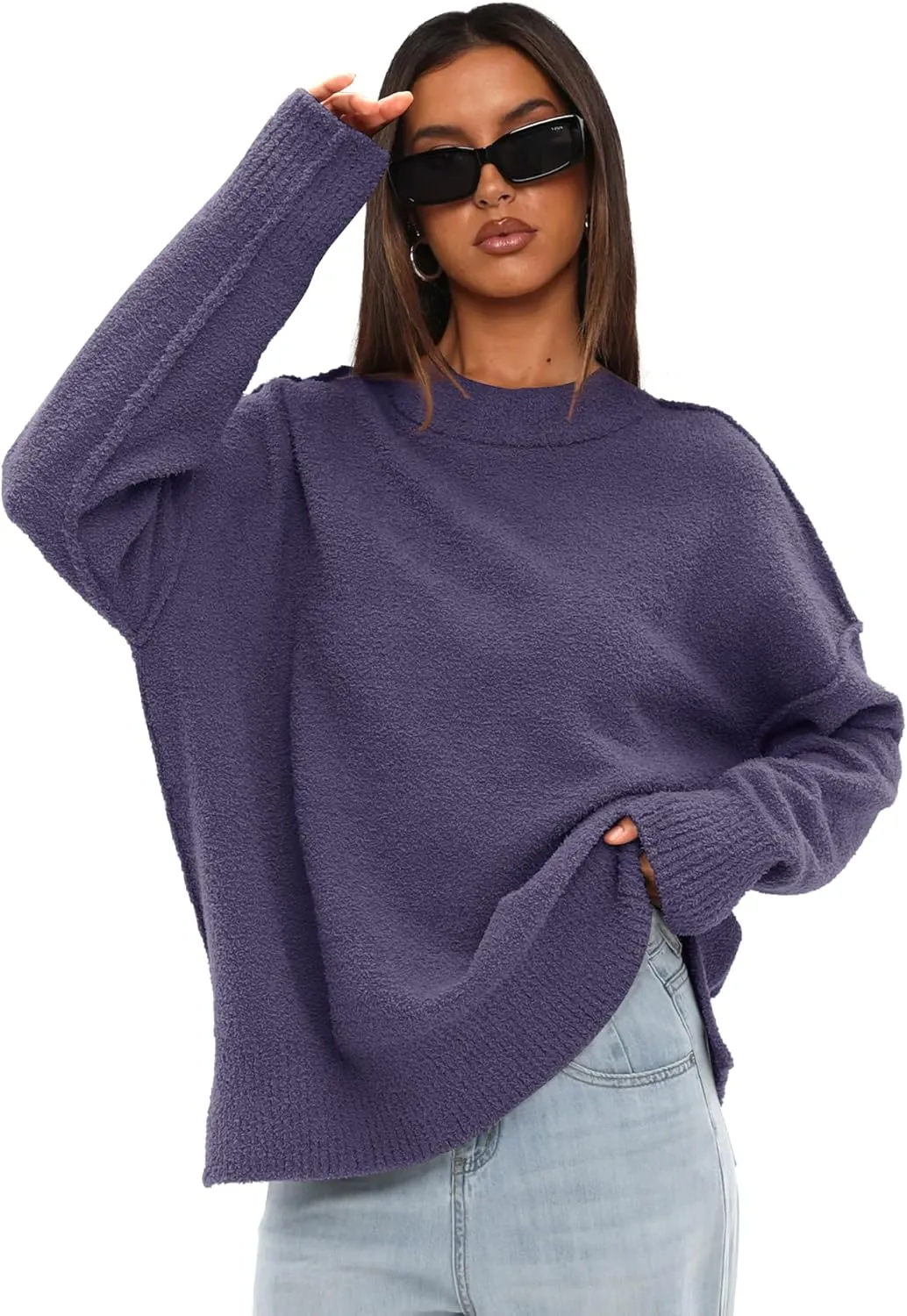 Darong Women Oversized Fuzzy Knit Sweater Long Sleeve Crew Neck Side Slit Pullover Sweaters Fall Winter Tops