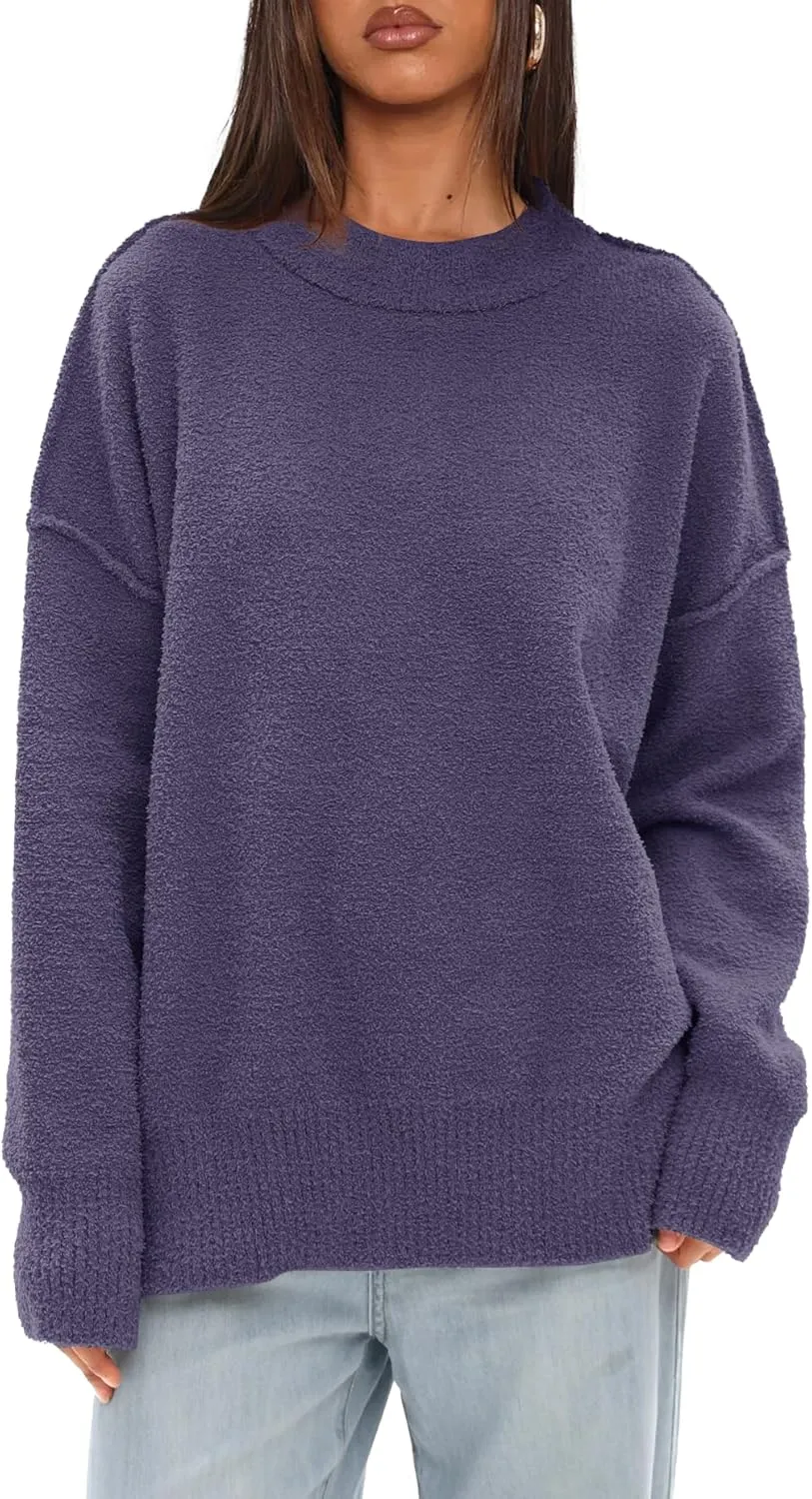Darong Women Oversized Fuzzy Knit Sweater Long Sleeve Crew Neck Side Slit Pullover Sweaters Fall Winter Tops