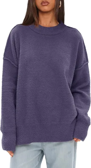 Darong Women Oversized Fuzzy Knit Sweater Long Sleeve Crew Neck Side Slit Pullover Sweaters Fall Winter Tops