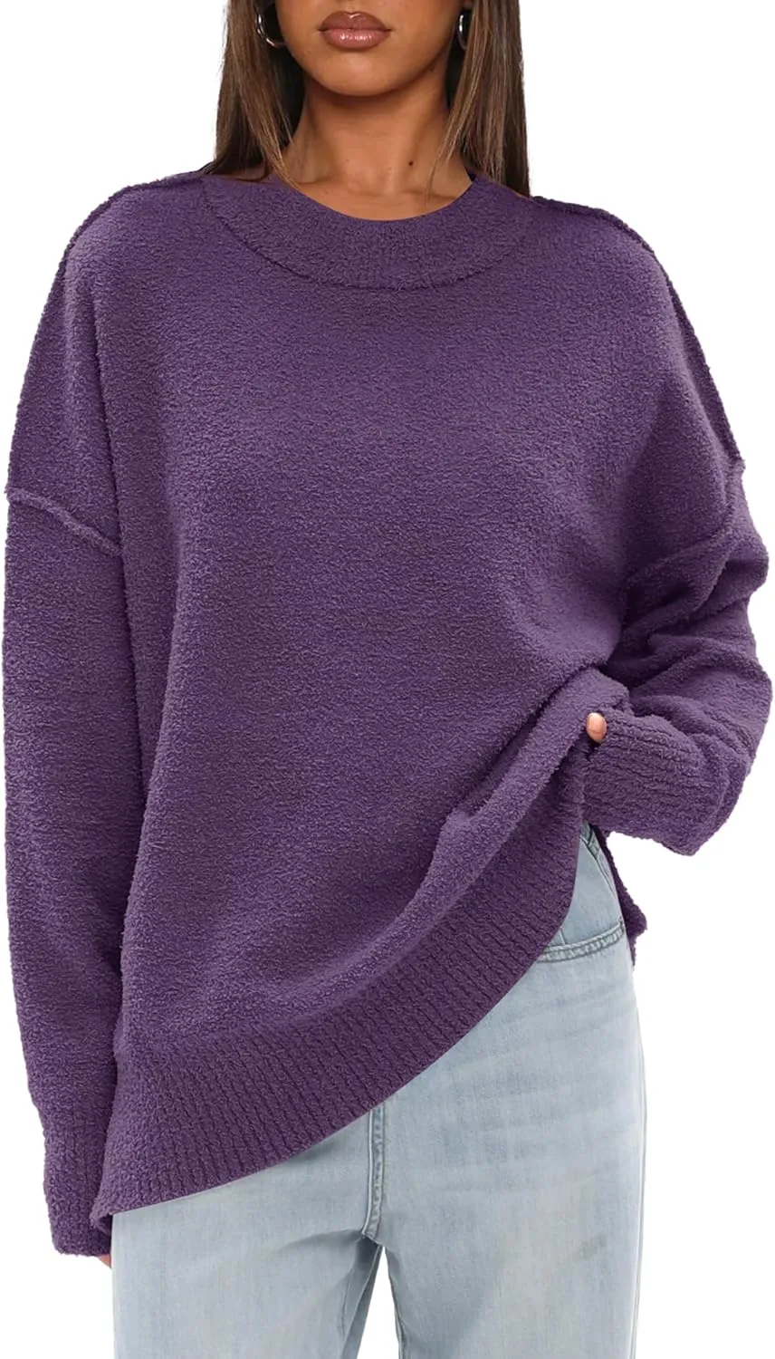 Darong Women Oversized Fuzzy Knit Sweater Long Sleeve Crew Neck Side Slit Pullover Sweaters Fall Winter Tops