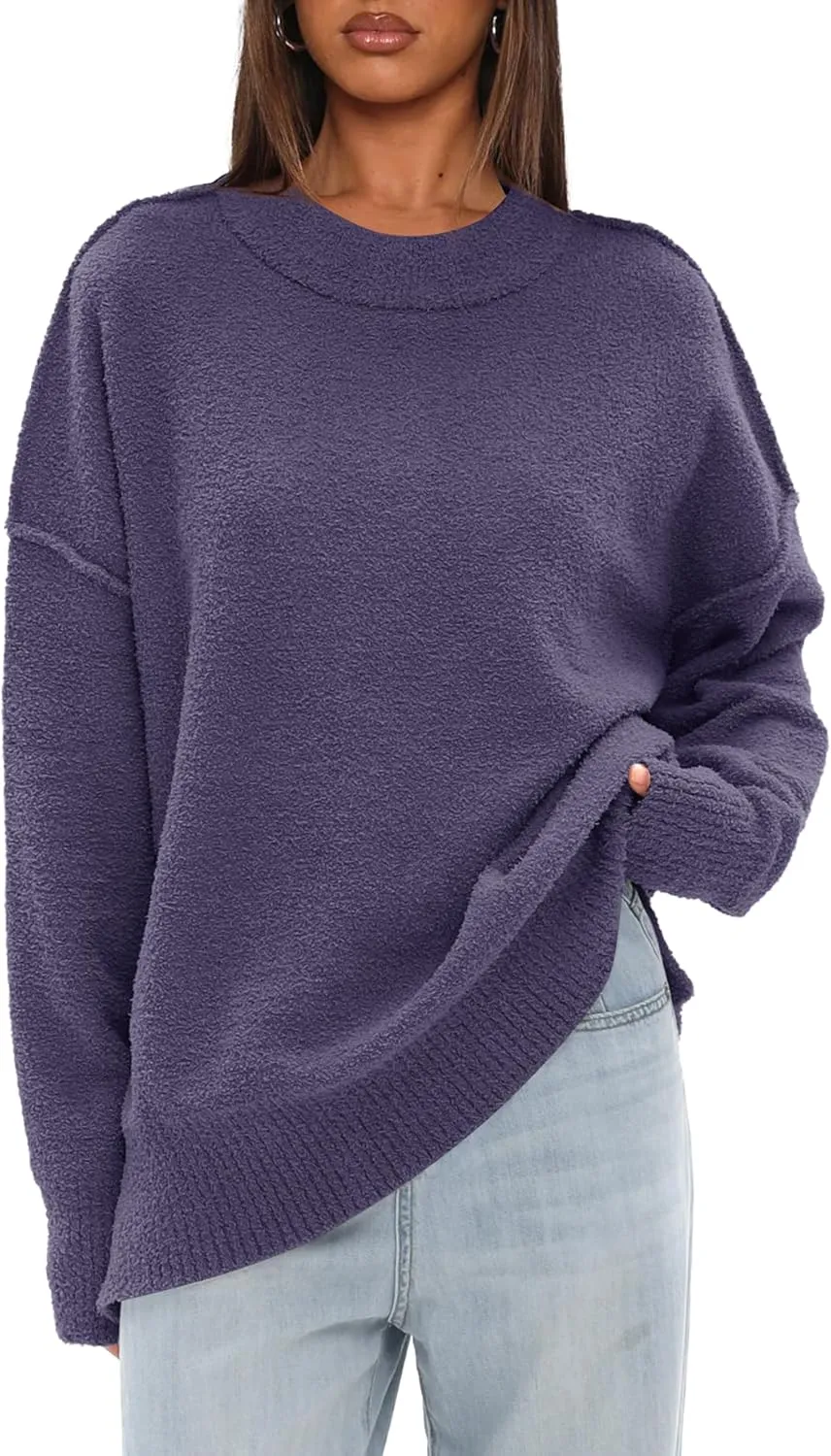 Darong Women Oversized Fuzzy Knit Sweater Long Sleeve Crew Neck Side Slit Pullover Sweaters Fall Winter Tops